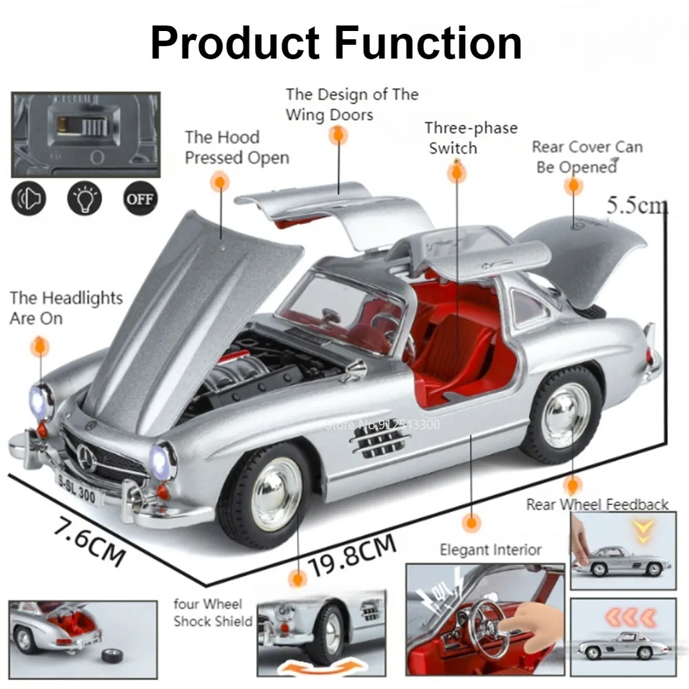 Modelo de coche clásico 300SL a escala 1:24, juguete con luz de sonido, adornos para tirar hacia atrás, absorción de impacto, 4 puertas, vehículo abierto, regalos para niños