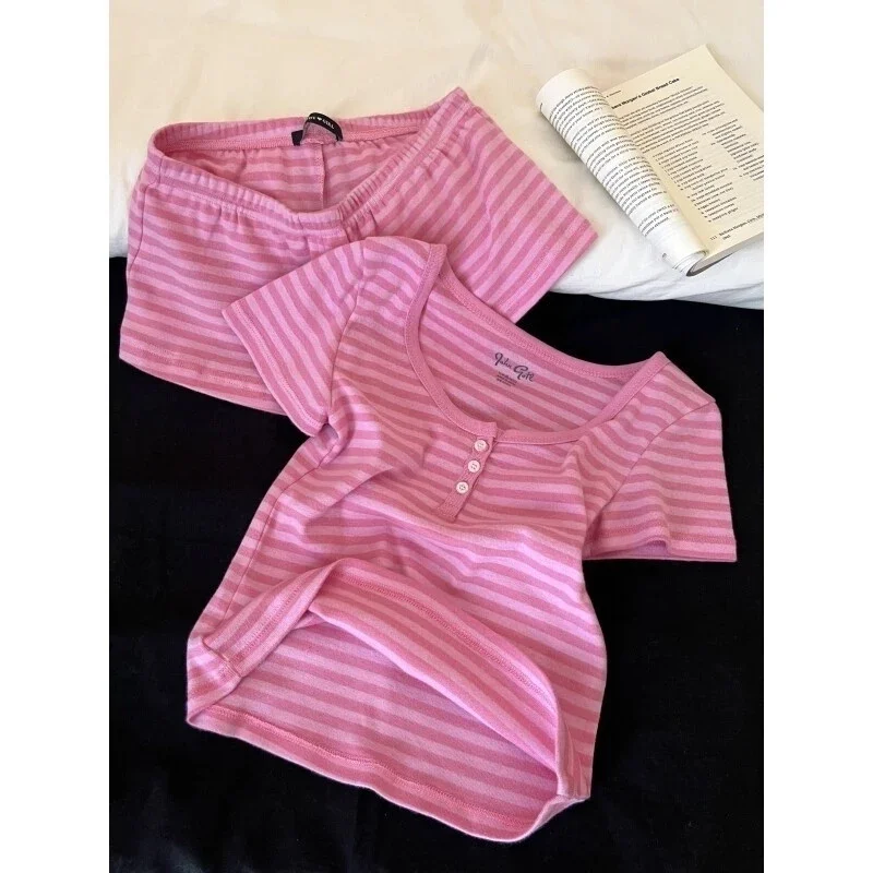 Pink Striped Collection Tshirt Women Simple Casual Cotton Buttons T-shirts Sweet Cute Preppy Style Camisole+Slim Short Pants Y3K