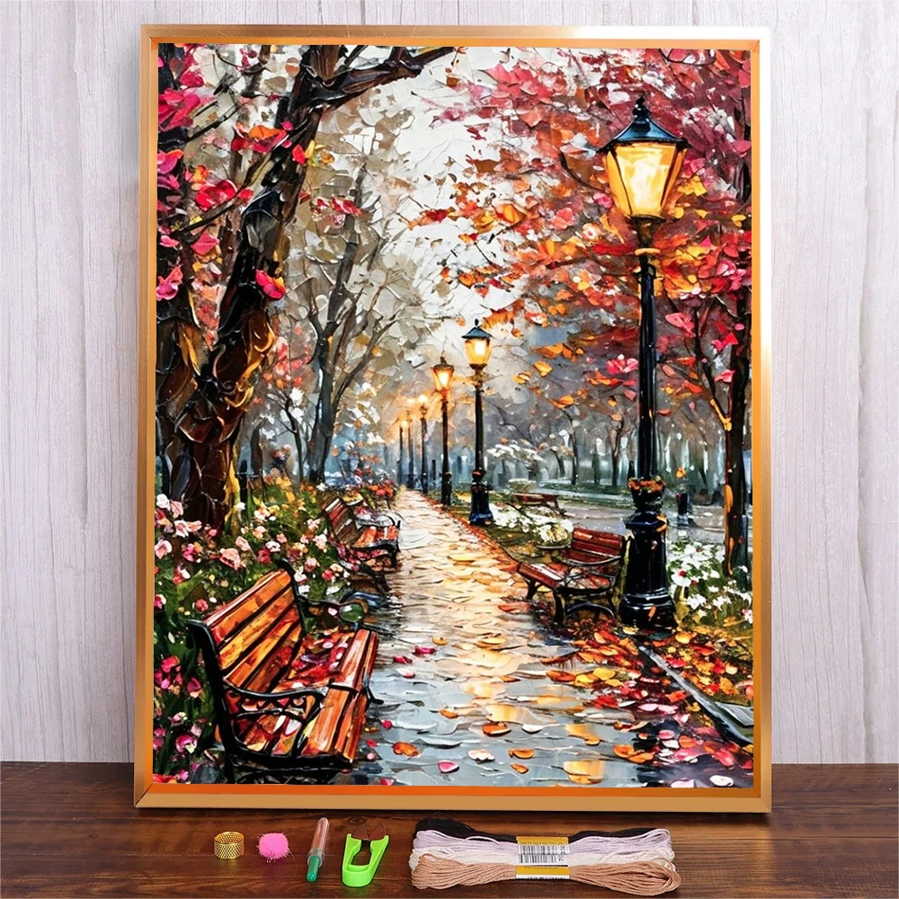 

Full Embroidery Cross Stitch Kits Autumn Tree Street Handicraft Handmade Needlework Landscape Printed Canvas Home Decoration