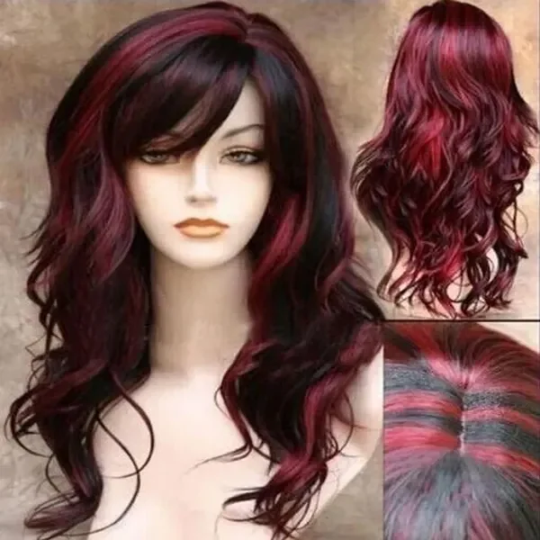 Fashion wanita panjang hitam campuran merah keriting Wig Cosplay dengan poni