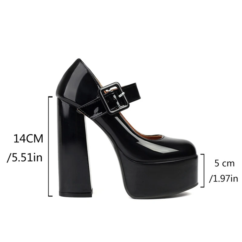 SIMLOVEYO 2024 Janes Women Pumps Shoes Round Toe 14cm Thick Block Heel 5cm Platform Patent Leather Buckle Big Size 41 4