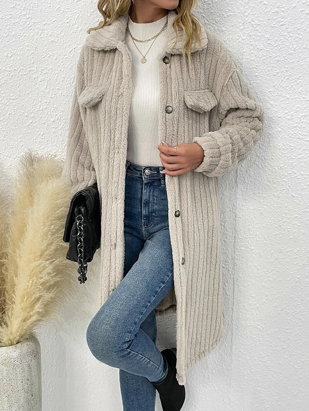 

2024 plush pit stripe temperament long casual preferred plush lapel woolen hot selling coat