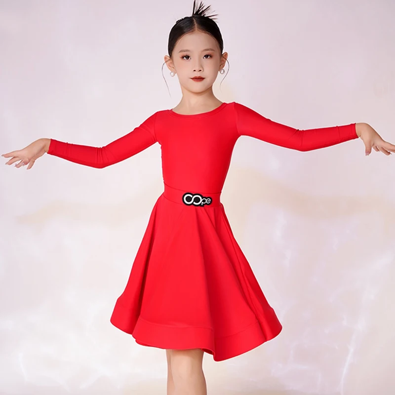 Rotes lateinamerikanisches Tanz-Wettbewerbskleid für Mädchen, professionelles Performance-Kostüm, Rundhalsausschnitt, lange Ärmel, Tanzanzug für Kinder, lateinamerikanisches Kleid 2031
