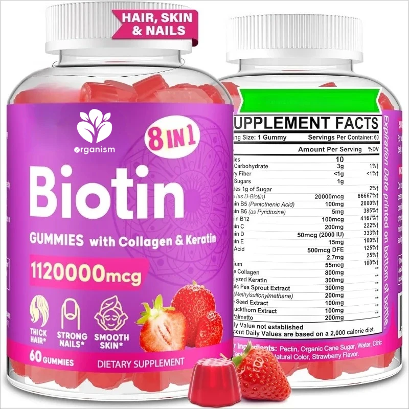 biotin gummies are collagen gummies containing keratin, folate, vitamins, used for hair growth, skin, and nail supplementation