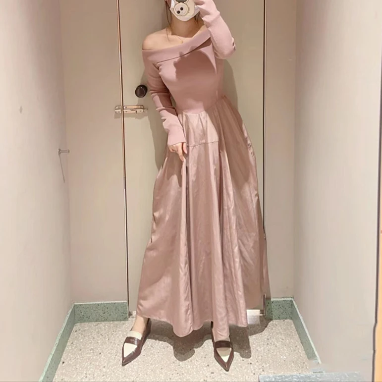 

New 2023 Sweet Pure Color Knitted Dress Shoulder Bared One-Shoulder Long Sleeve One-Neckline Splice Style Women's Fashion Dress