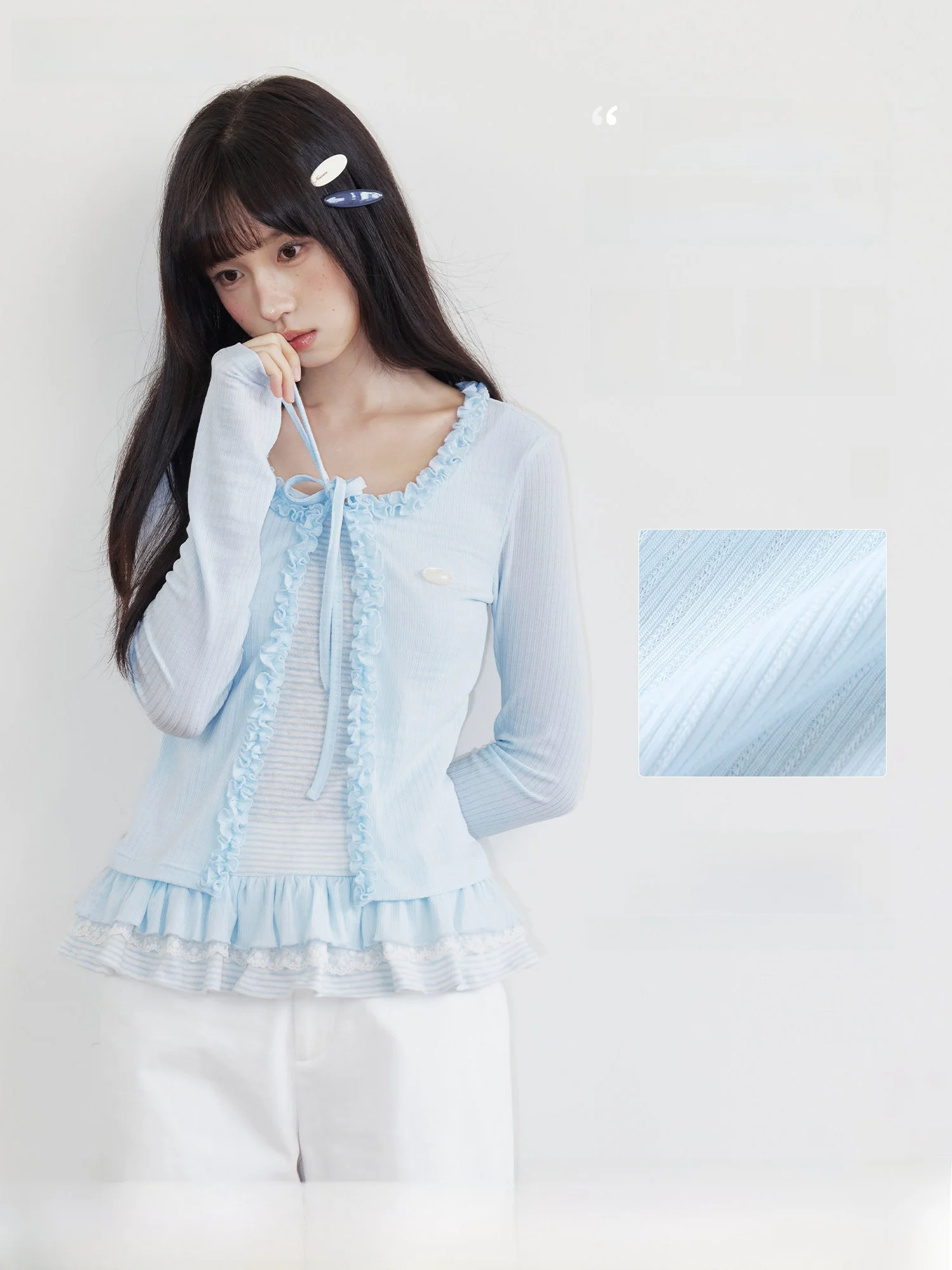

Umoumo Girls' Slimming Stripe Lace Trim Cardigan Cotton Polyester Blend Fabric Mushroom Design Fake Two-Piece Long Sleeve Kni...