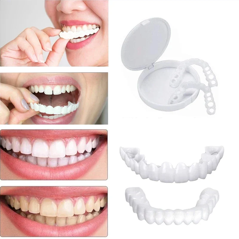 1 Set False Teeth Veneer Silicone Top & Bottom Teeth Safe Adhesive Denture Hide Braces Cosmetic Teeth Denture Fake Tooth Cover