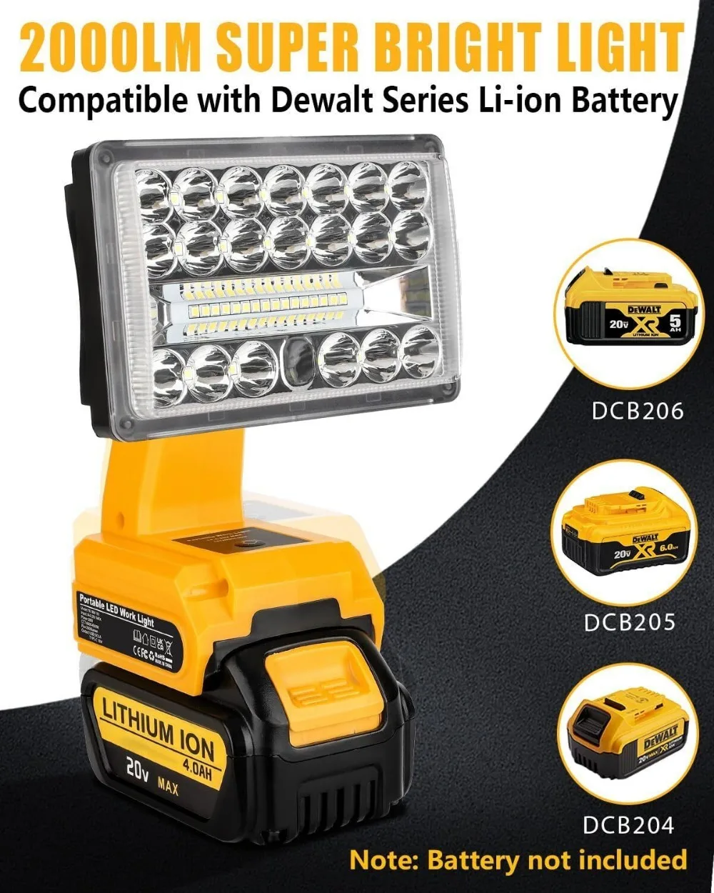 2000LM LED Work Light for Dewalt 20v Flashlight Spotlight FloodLight Job Site Lamp With USB for Car Repairing, Camping Emergency