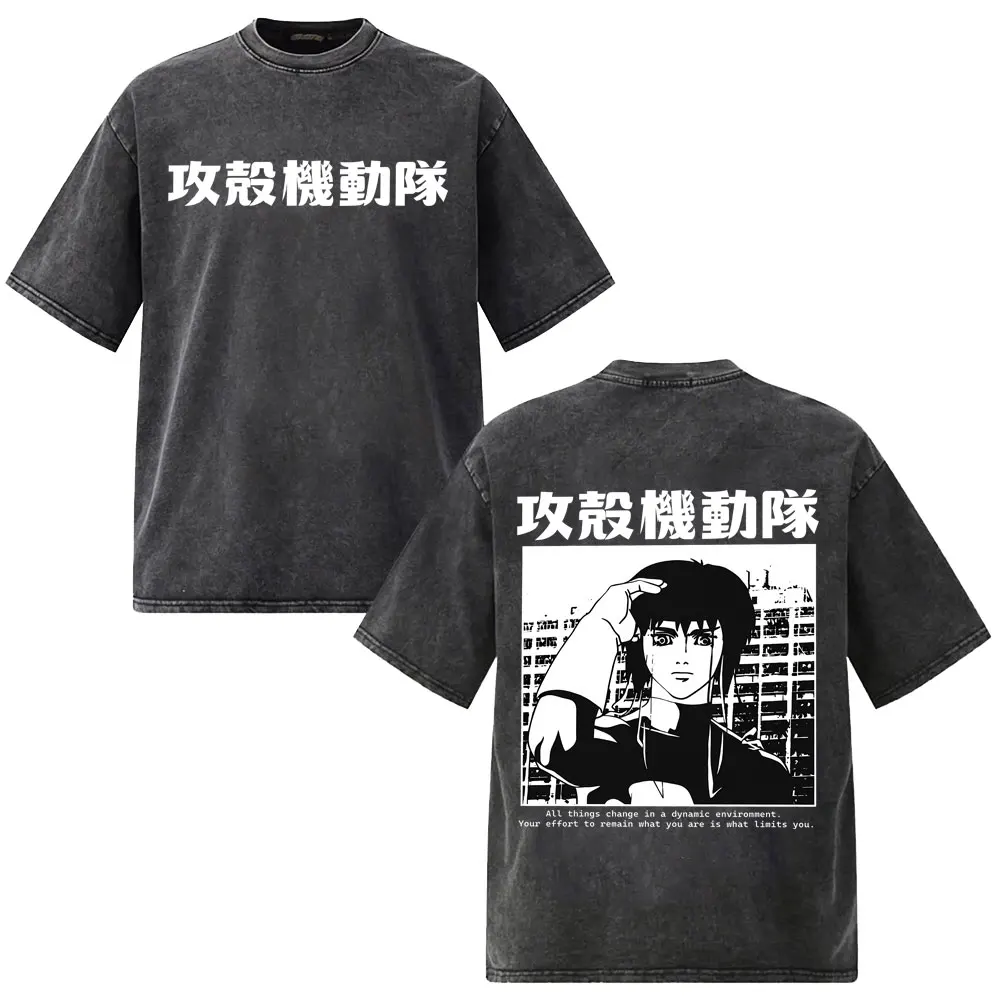 Washed Vintage Anime Ghost in The Shell T-shirt Manga Kusanagi Motoko Print T-shirts Retro Cartoon T
