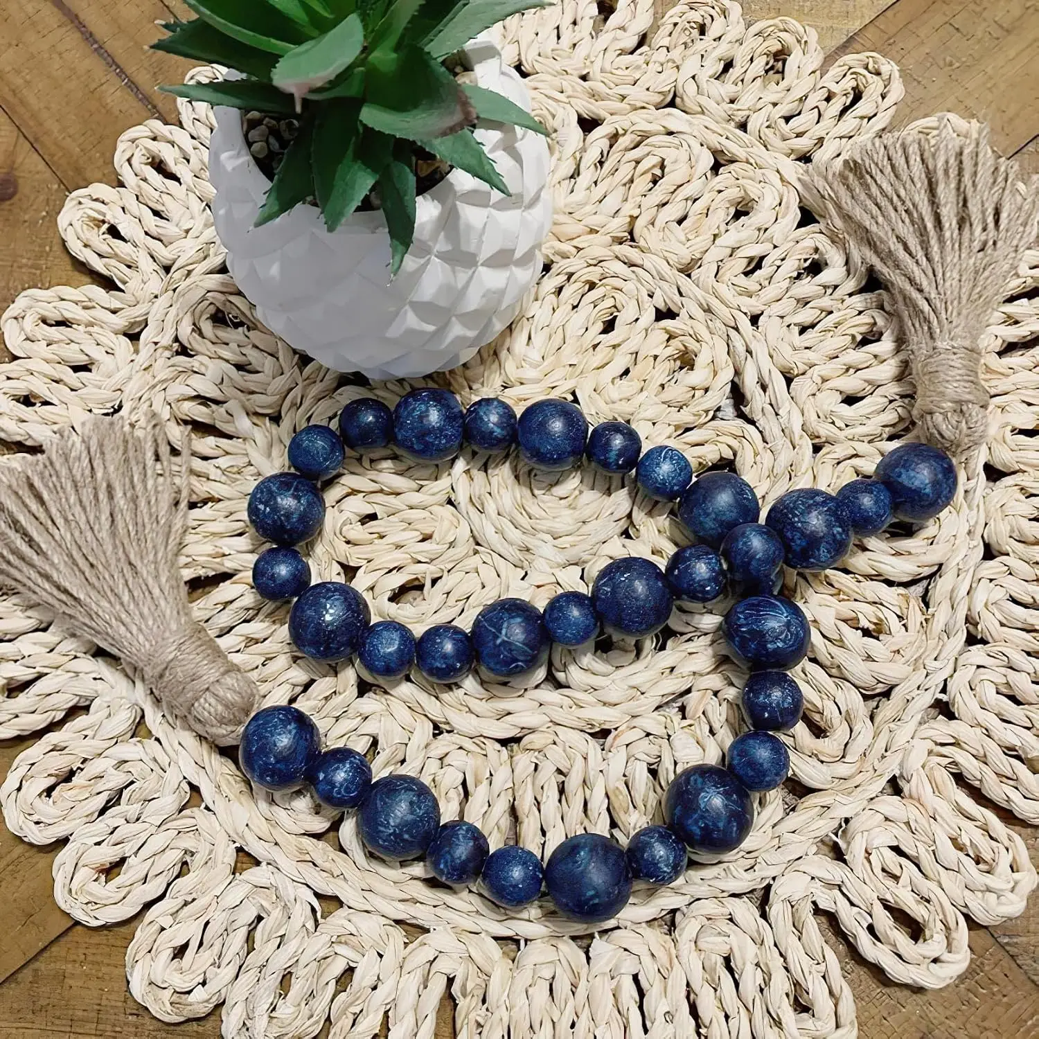Handcrafted Farmhouse Wooden Beads Garland with Tassel, Rustic Antique Home & Event Decor, 32