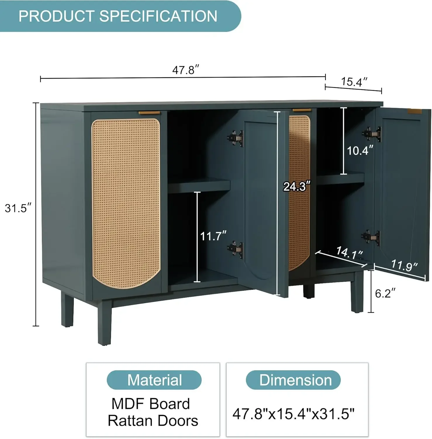 ARTPOWER-Aparador Buffet Cabinet com 4 portas de vime, Accent Storage Cabinet com Prateleiras, Free Standing TV Console Table