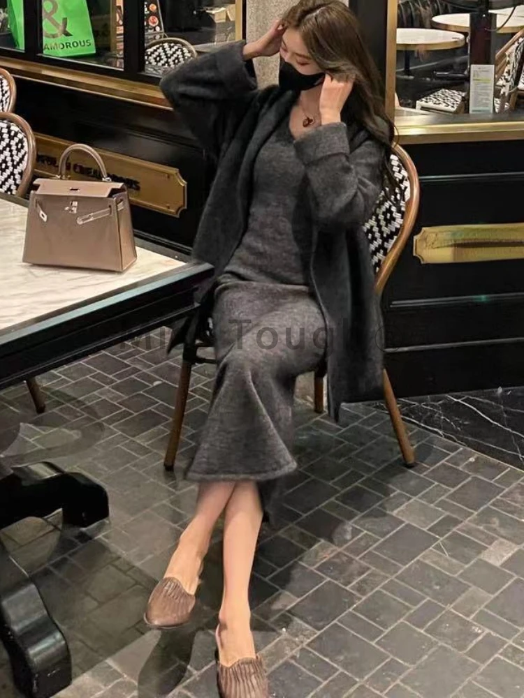 2023 Winter Maillard Fashion Knit Two Piece Set Women Solid Korean Style Vintage Midi Sweater Dress Suit Female French Chic Suit