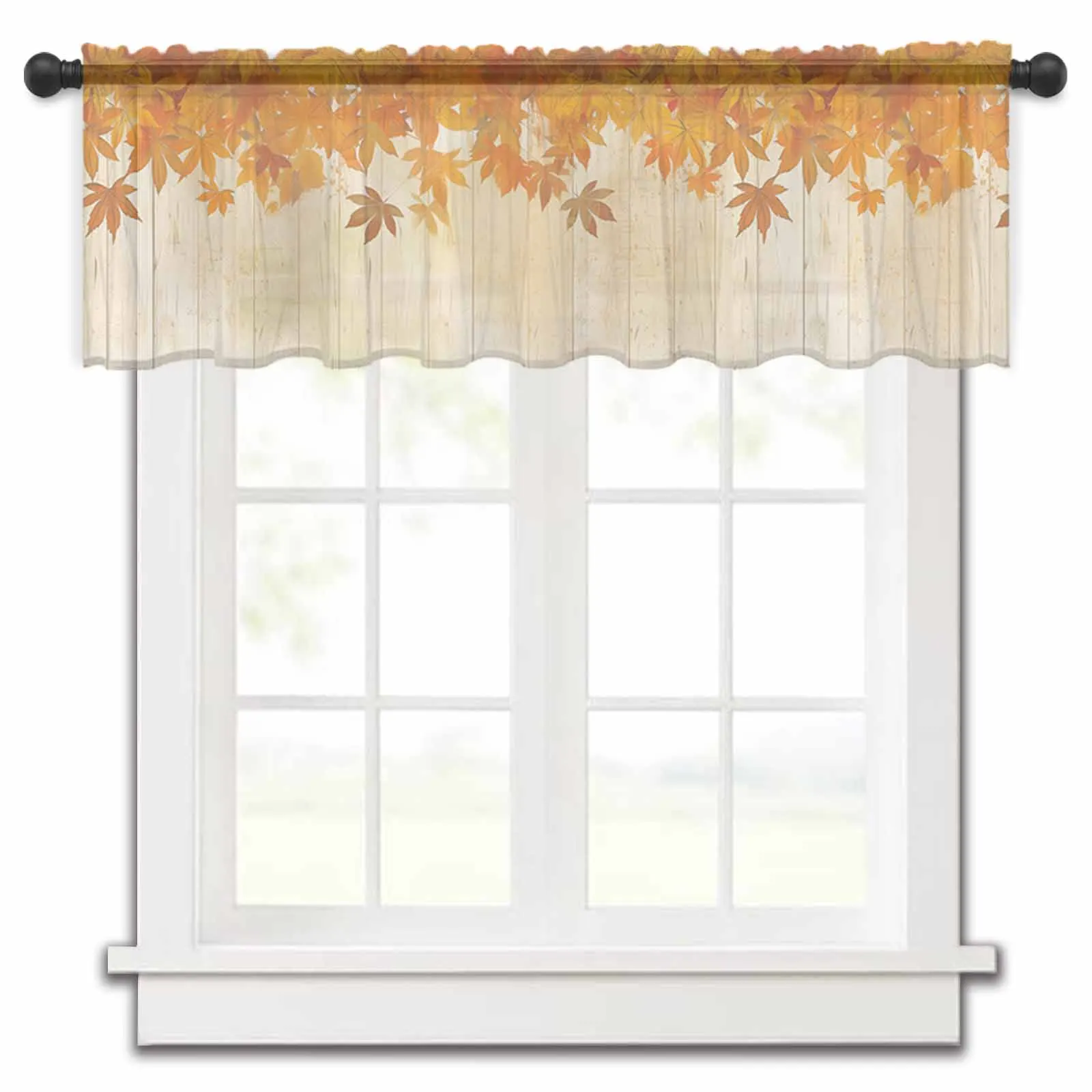 Autumn Maple Leaf Wooden Board Kitchen Small Window Curtain Tulle Sheer Short Curtain Living Room Home Decor Voile Drapes