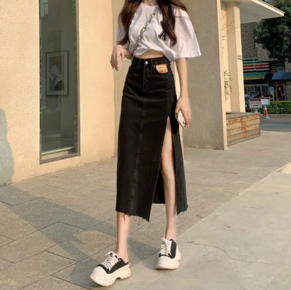 

Retro High Waist Bag Hip Denim Skirt Woman Fashion Loose Sexy Side Slit Open Legs Cat Mustache Pleated Slim A-Line Denim Skirt