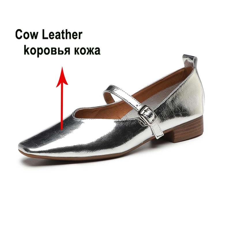 Meotina Women Genuine Leather Mary Janes Square Toe Flat Buckle Shallow Ladies Fashion Career Shoes Spring Autumn Gold Silver 40