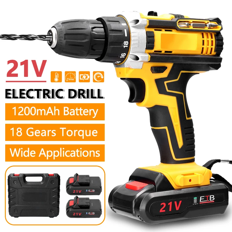 21V Cordless Electric Drill Brush Motor 2 Speeds Adjustment 18 Gears of Torque Adjustable Holes Drilling Machine