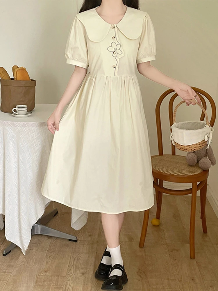 

Summer Mori Girl Style Sweet Embroidery Peter Pan Collar A-Line Dress Retro Fashion Puff Sleeve Basic Dresses For Women ﻿