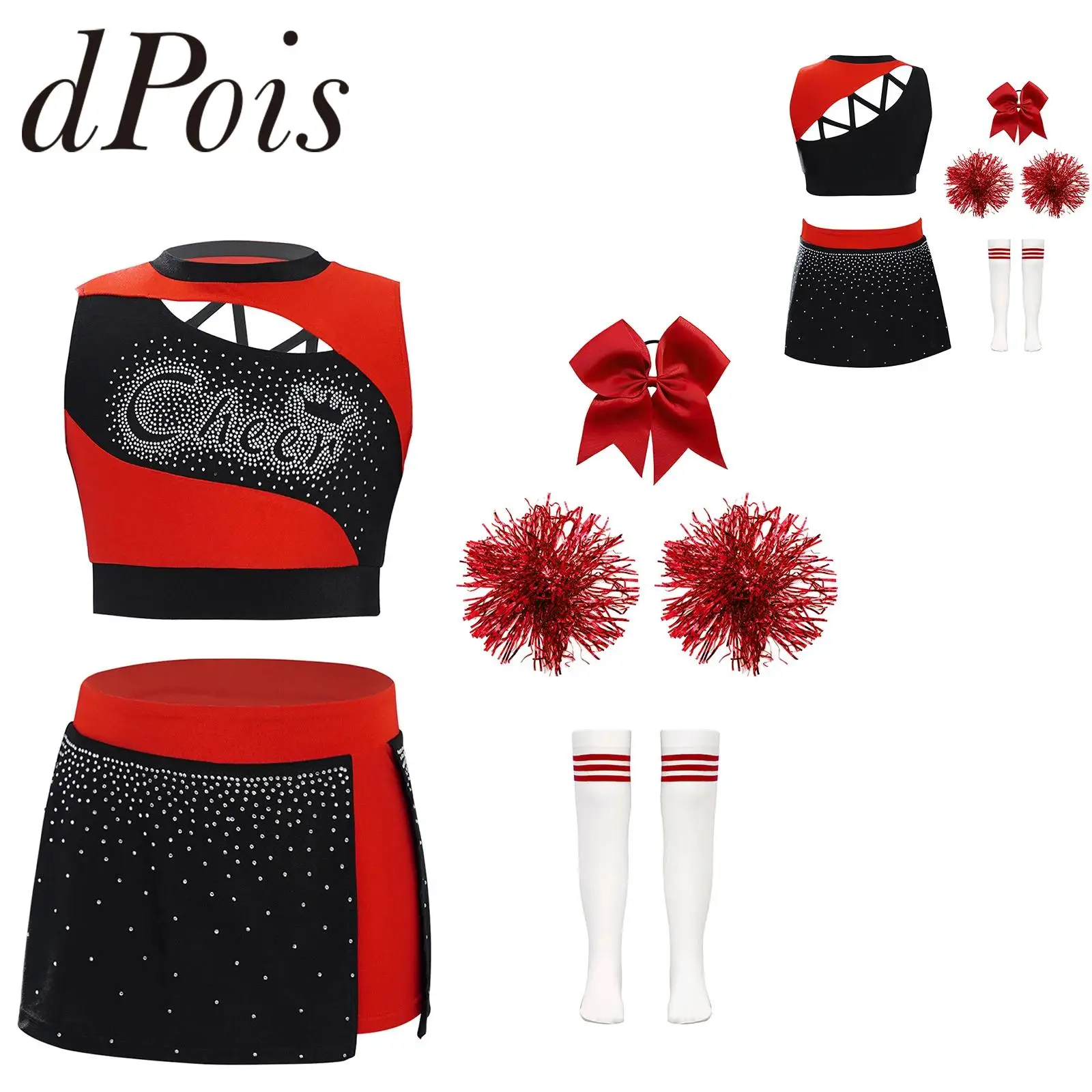 Kids Girls Cheer Dance Costumes Cheerleading Performance Outfit Sleeveless Cutout Crop Top with Side Slit Skirt Flower Balls