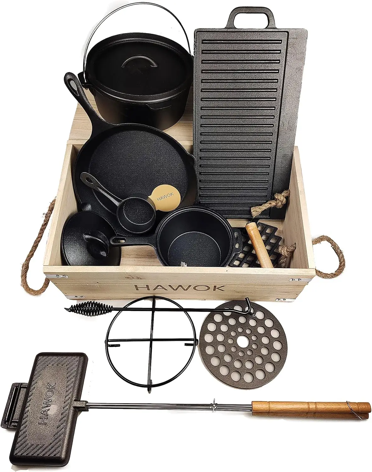 مجموعة أواني الطبخ للتخييم في الفرن الهولندي من الحديد الزهر مع صندوق تخزين للحمل