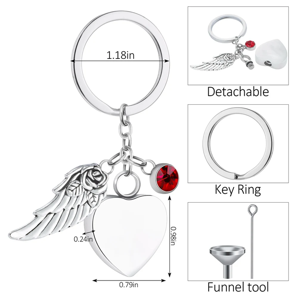 Cremation Jewelry for Ashes with Angel Wings 12 Birthstone Stainless Steel Keepsake Pendant Memorial Urn Keychain for Men Women