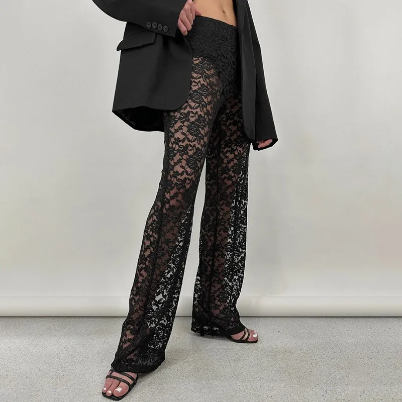 

Women's Clothing Pants High Waist Wide Leg Trousers Floral Lace White Lace Mesh Long Pants Thin Straight Leg Pants Woman Clothes