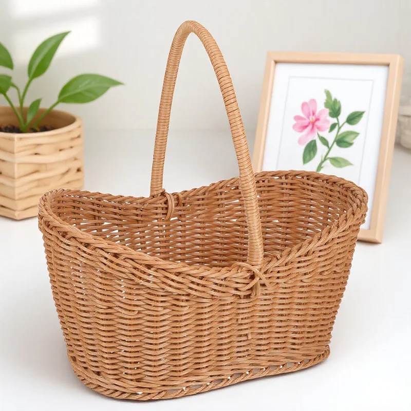 

Woven Gift Imitation Rattan Fruit Basket Portable Multi-Function Storage Basket For Picnic Camping Outdoor Decor Snacks