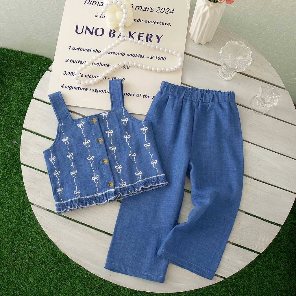 Korean Version Casual Summer Suit for Girls Aged 3-7 Featuring A Bow Printed Camisole Cardigan and Wide Leg Pants Two Piece Set