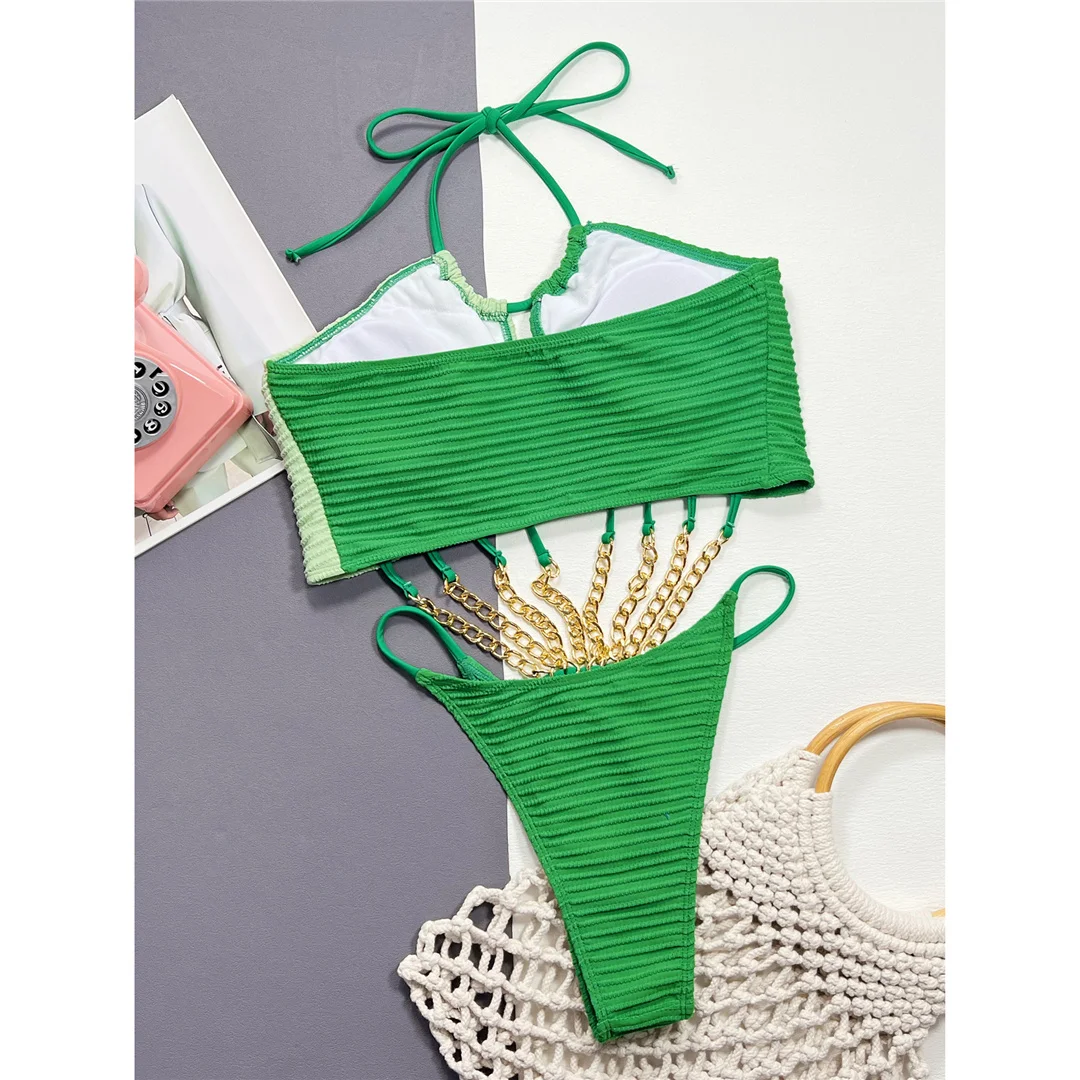 Sexy Splicing Neckholder-Badeanzug mit Metallketten für Damen, einteiliger Badeanzug, Monokini mit hohem Beinausschnitt, Badebekleidung, Badeanzug, Modell V4617 – Detail 9