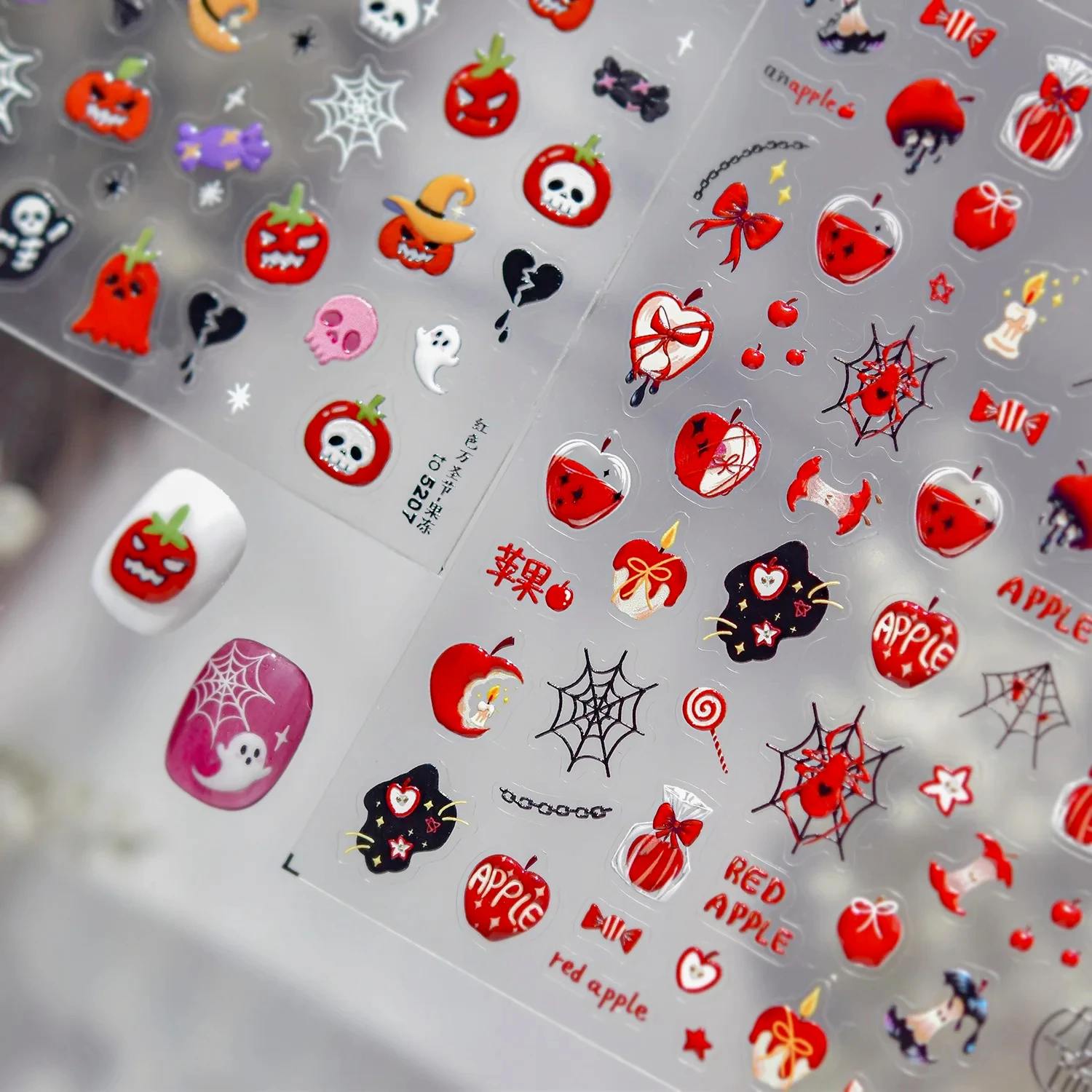 

Pumpkin Candy Chain Candle Spider Web Red Apple Ice Cream Food Skeleton Witch Hat Bone Fruits Nail Art Stickers Manicure Decals
