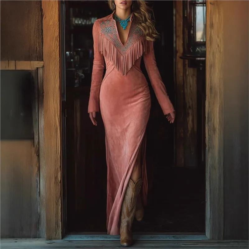 

New Long Sleeve Side Slit Maxi Dress Western Retro Spring Autumn Casual Fashion Elegant Tassel Dress Woman V Neck Slim Hip Dress