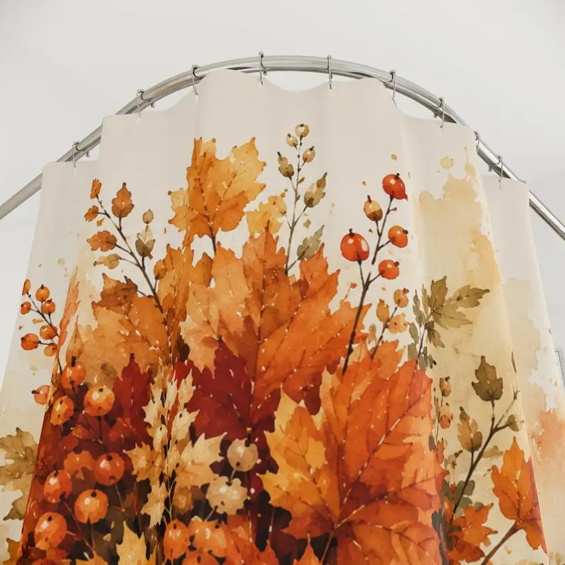 Fall Harvest Pumpkin Shower Curtain – Autumn Leaves Watercolor Bathroom Decor