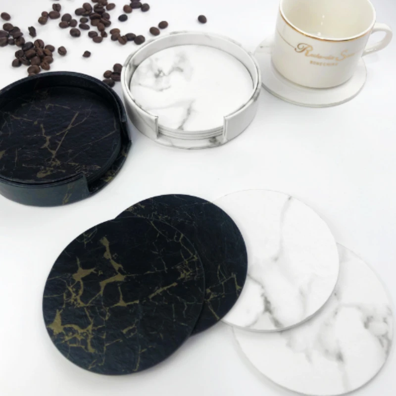 6pcsMarble Coaster Artificial Leather 10cm Oil and Water Resistant Heat Resistant With Base Double Sided Leather Coffee Coasters