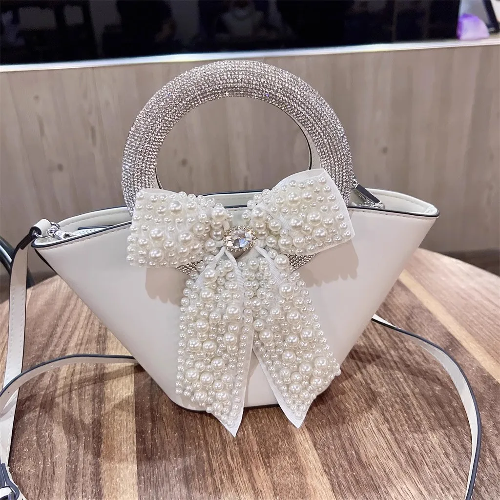 

Pearl Beaded Bow Knot Bucket Bag Women's Handbag Glitter Diamonds Evening Bag Wedding Party Clutch Purse Shoulder Messenger Bag