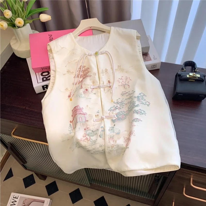 

Ele Chinese Embroidered Vest Women's Svel Artistic Outerwear Tang Suit Buttoned Top Polyester Fiber round Ne Design