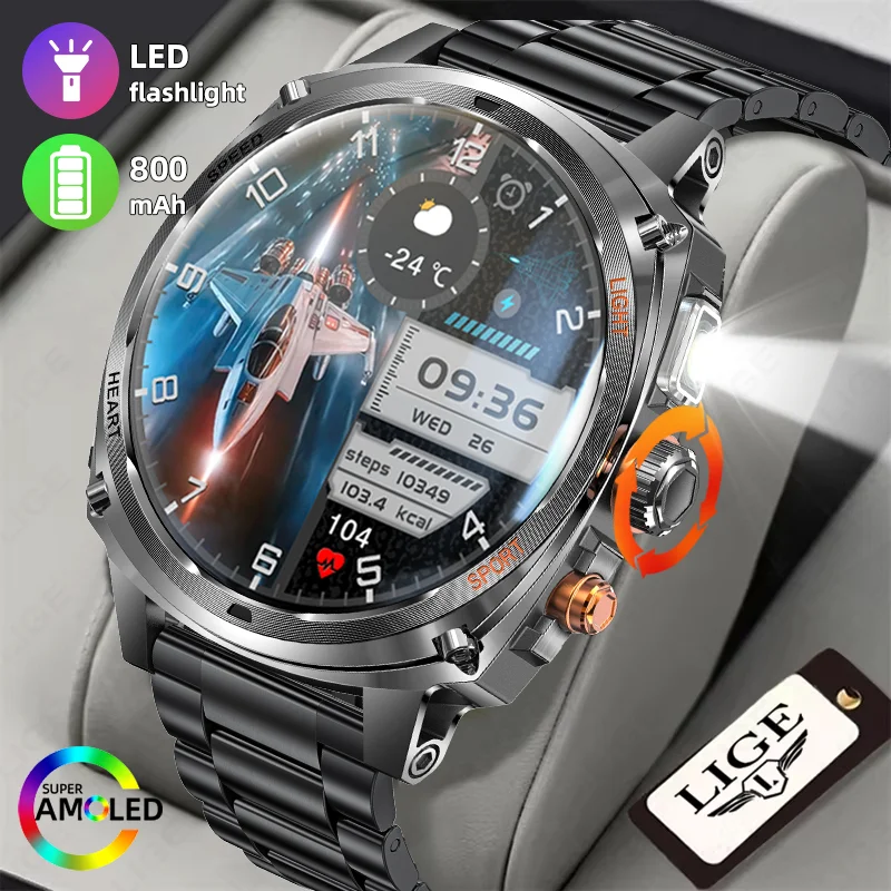 

LIGE Men Smart Watch 800mAh Large Capacity Battery Military Flashlight AI Voice Call Waterproof Sports Fitness Smartwatch 2025