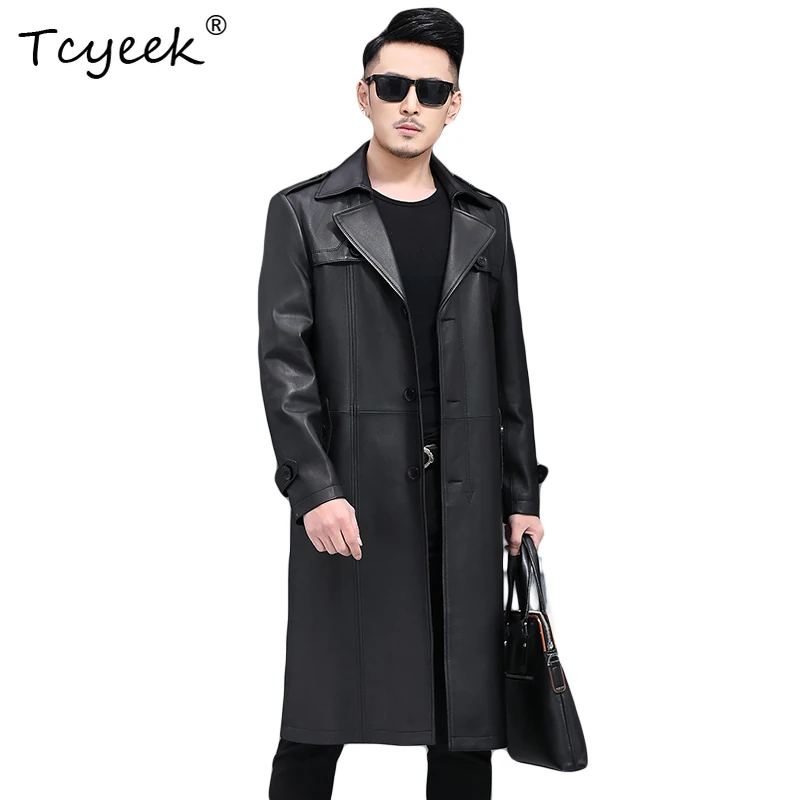 

Tcyeek из овчины, весна-осень, элитный модный костюм с воротником, черная длинная мужская куртка из натуральной кожи Chaqueta Cuero Hombre 가죽 자켓