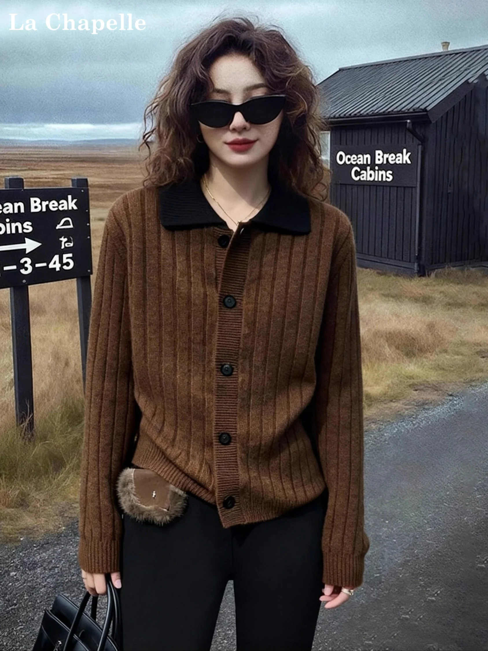 

Вязаный кардиган La Chapelle коричневого цвета для женщин: весна-осень-зима, свободный крой, высококачественный, с маленьким воротником, в стиле кэжуал