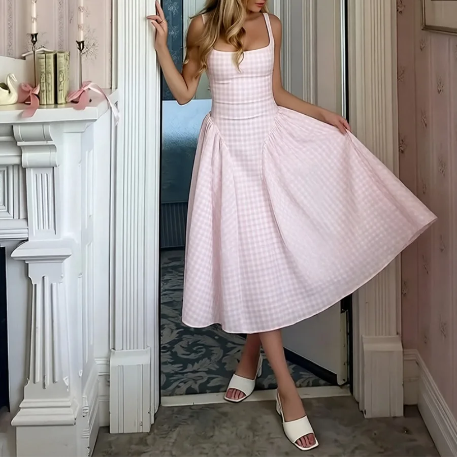 【New style】2026 - women's clothing Europe and America spring new style sweet style square collar suspender waist dress