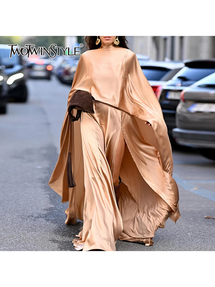 

TWOTWINSTYLE Elegant Three Piece Sets for Women O Neck Long Shawl Sleeveless Short Top High Waist Split Skirt Fashion Set Female