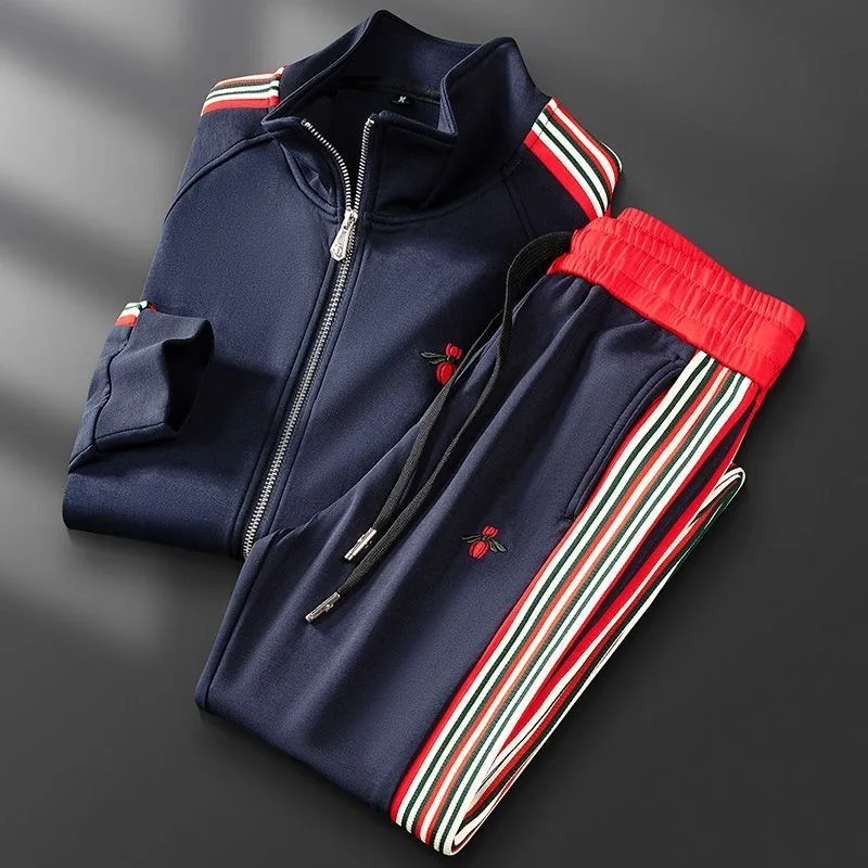 Luxury Casual Thermal Two-Piece Sportswear Set for Men High-End Zip Stand Collar Cardigan with Bee Embroidery Webbing Pants