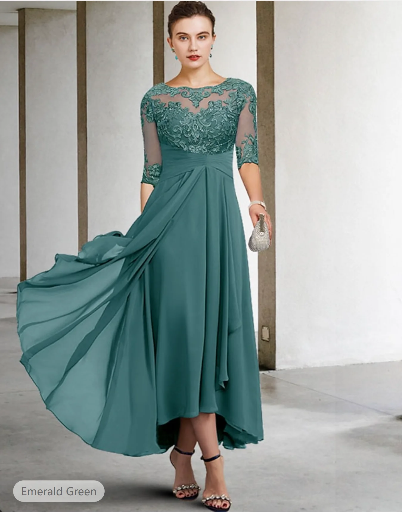 Scoop Neck Mother of the Bride Dress Wedding Guest Elegant Plus Size High Low Asymmetrical Ankle Length Chiffon Lace Half Sleeve