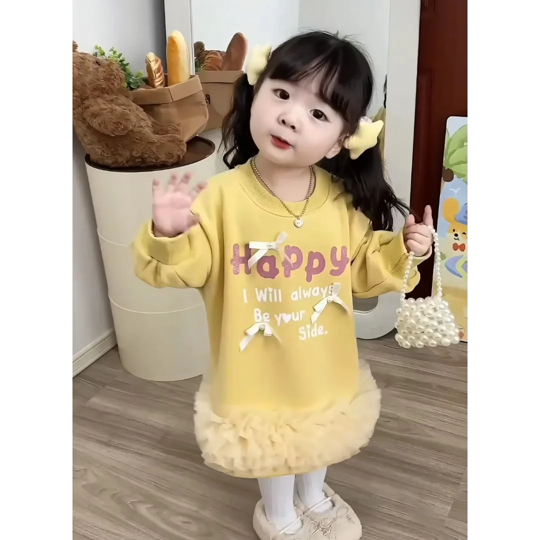 Autumn Winter Toddler Girl Dress Cotton Fleece Letter Knotbow Infant Baby Girl Vestidos Tulle Spliced Long Sleeve Kid Girl Dress