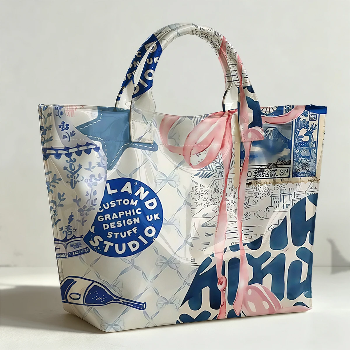 Blue Summer Party Fashion Bag Transparent PVC Waterproof Handbag Large Capacity Daily Commute Shoulder Tote Mummy Bag