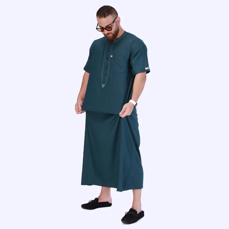 Muslim Robes Men Jubba Thobe Short Sleeve Embroidery Islamic Traditional Loose Leisure Clothing Middle East Arab Kaftan Abaya