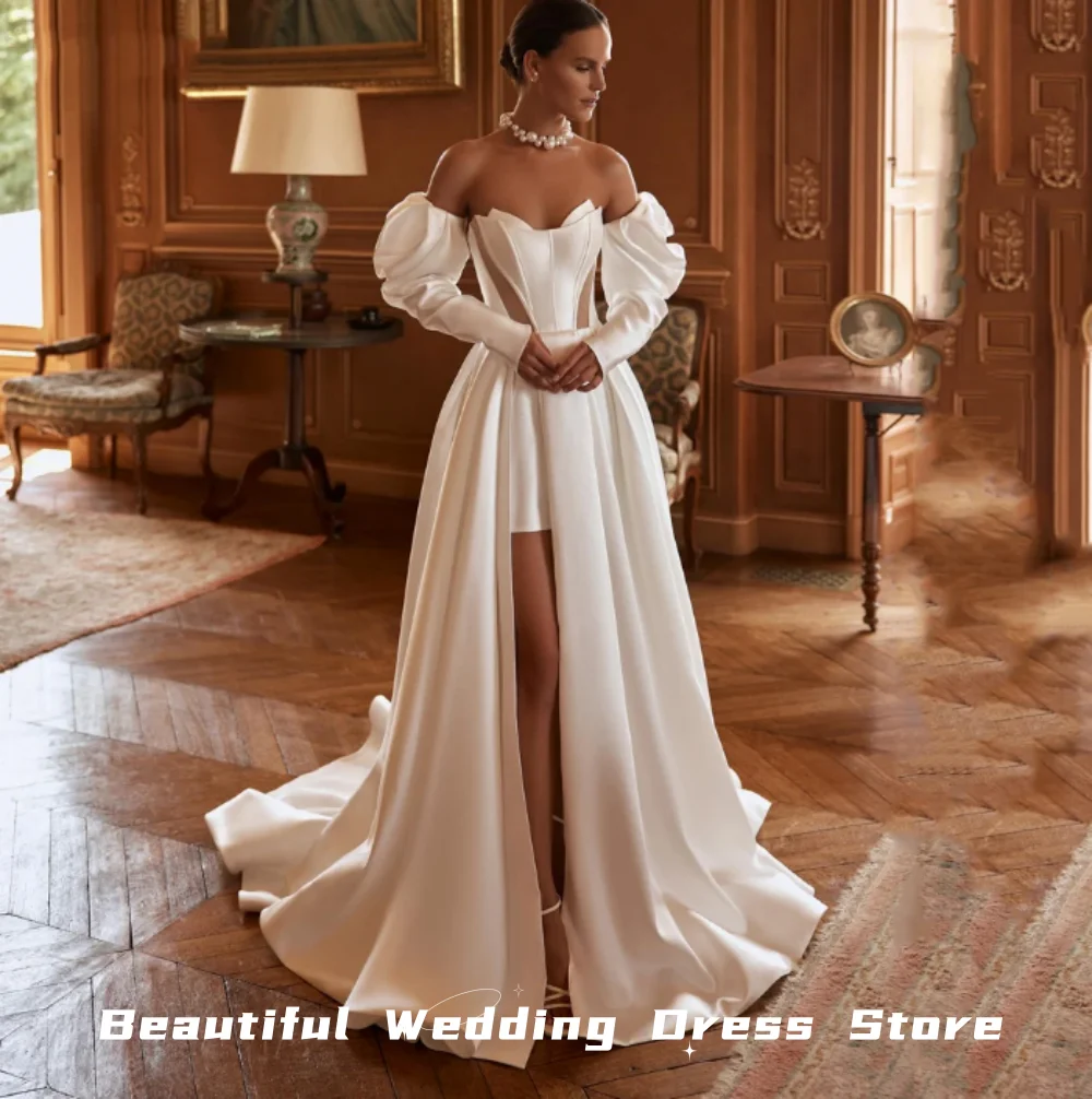 2024 Luxury Shining Satin Wedding Dresses 2024 New A-Line Off The Shoulder Robes Party Skirt Hem Vestidos De Novia فساتين سهرة