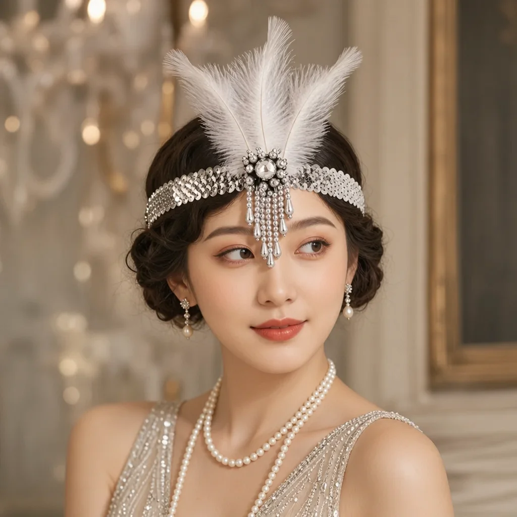 Serre-tête rétro exquis des années 1920 pour femmes, avec plumes, sequins colorés et pompons décoratifs, accessoires de carnaval et de Mardi Gras