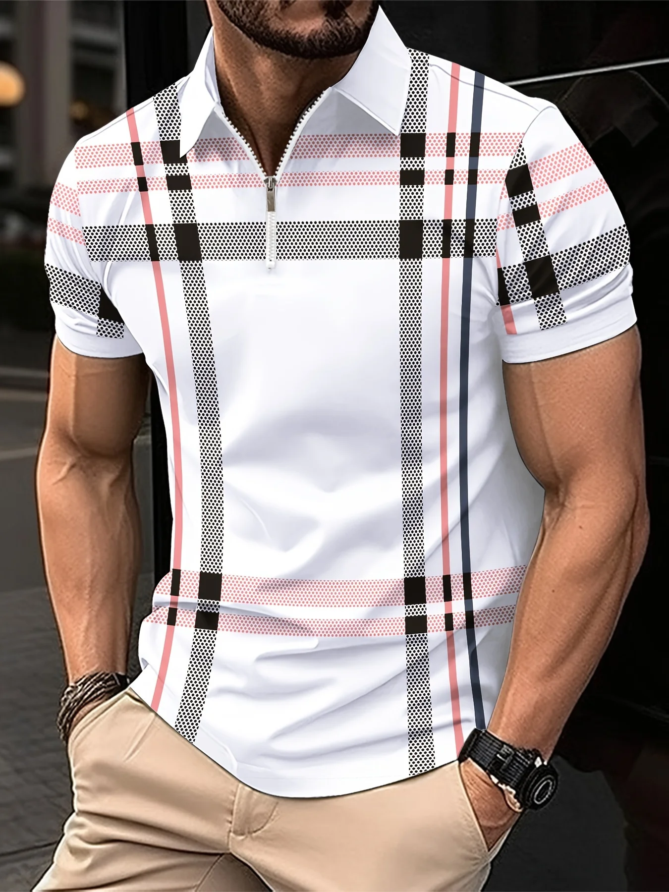 

The 2025 summer new men's zipper POLO shirt is a casual fashionable comfortable soft and breathable 3D striped pattern print