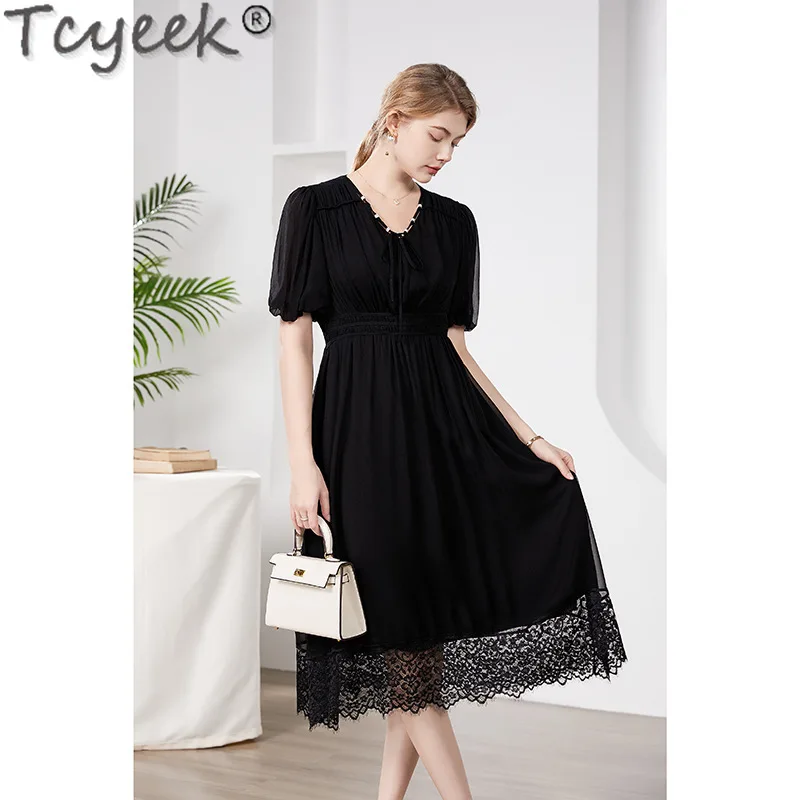 

Tcyeek 100% Real Mulberry Silk Black Dress 2024 Long Dresses for Women Elegant Women's Dresses Summer Clothes Vestidos Largos