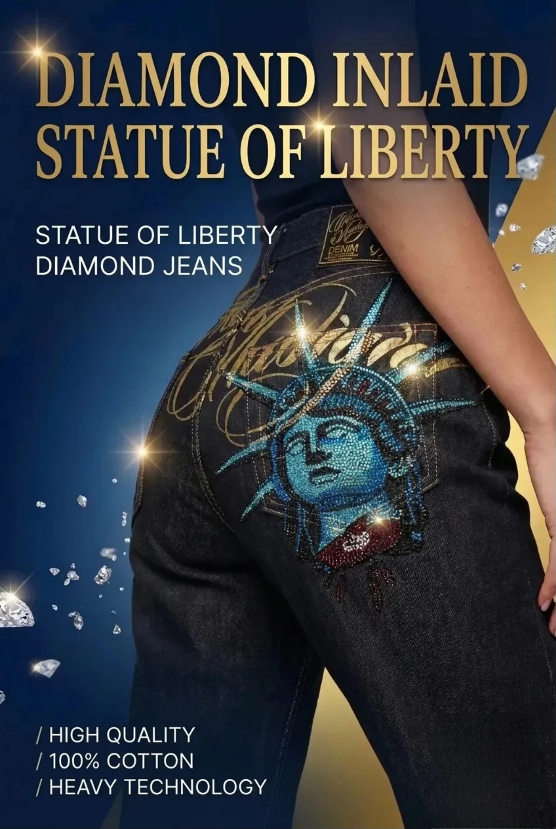 

2000s Statue of Liberty Diamonds Baggy Jeans Casual Denim Pants High Waist Straight Jeans Vintage Y2k Streetwear Women Clothing