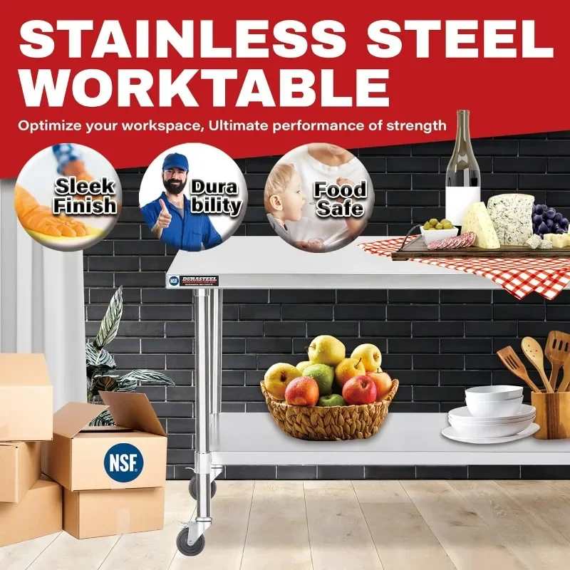 Food Prep Stainless Steel Table -  Commercial Workbench with Caster Wheel - NSF Certified - For Restaurant, Warehouse, Home